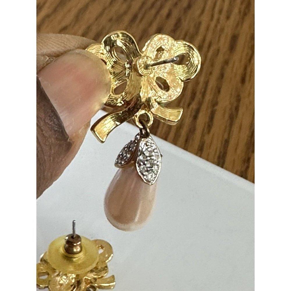 Vintage Faux Dangle Pearl Rhinestones Gold Tone Ribbon Earrings Special Event - Picture 7 of 8